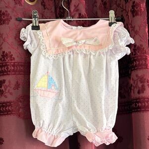 Vintage Pink & White Polka Dot Sailboat Baby Romper Size 0-6 Months